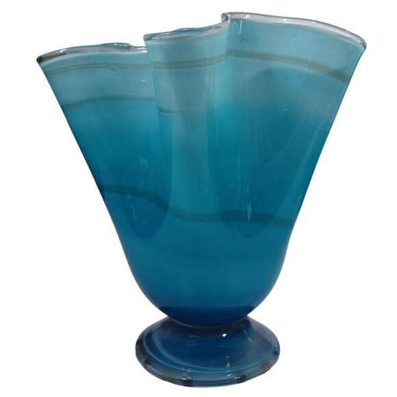 Hand Blown Ocean Waves Gradient Blue Art Glass Pedestal Vase Murano Vintage MCM - Picture 14 of 15